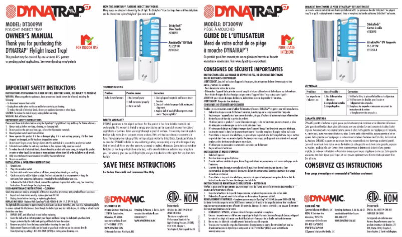 Page 1 de la notice Manuel utilisateur Dynatrap DT3009W-1003S