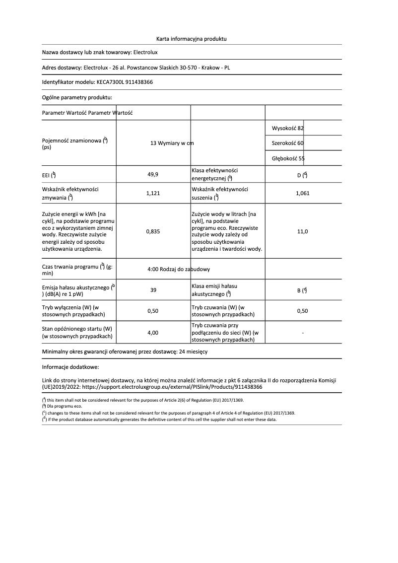 Page 1 de la notice Fiche technique Electrolux KECA7300L