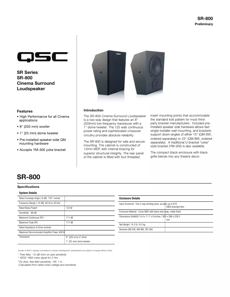 Page 1 of the manual Technical Sheet QSC SR-800