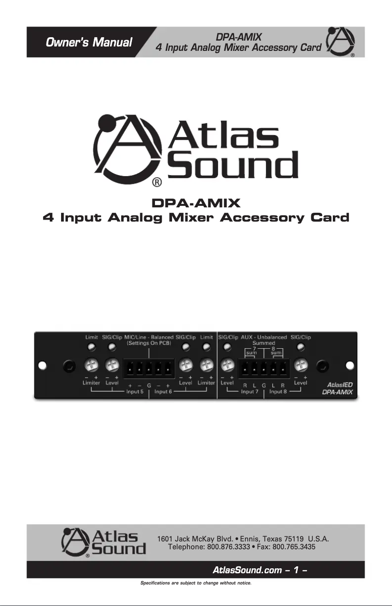 Page 1 de la notice Manuel utilisateur Atlas Sound DPA-AMIX