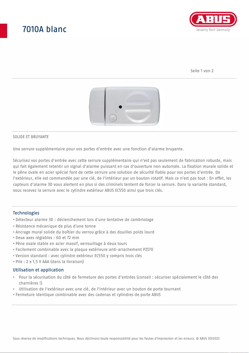 Page n°1 - Fiche technique Abus 7010A