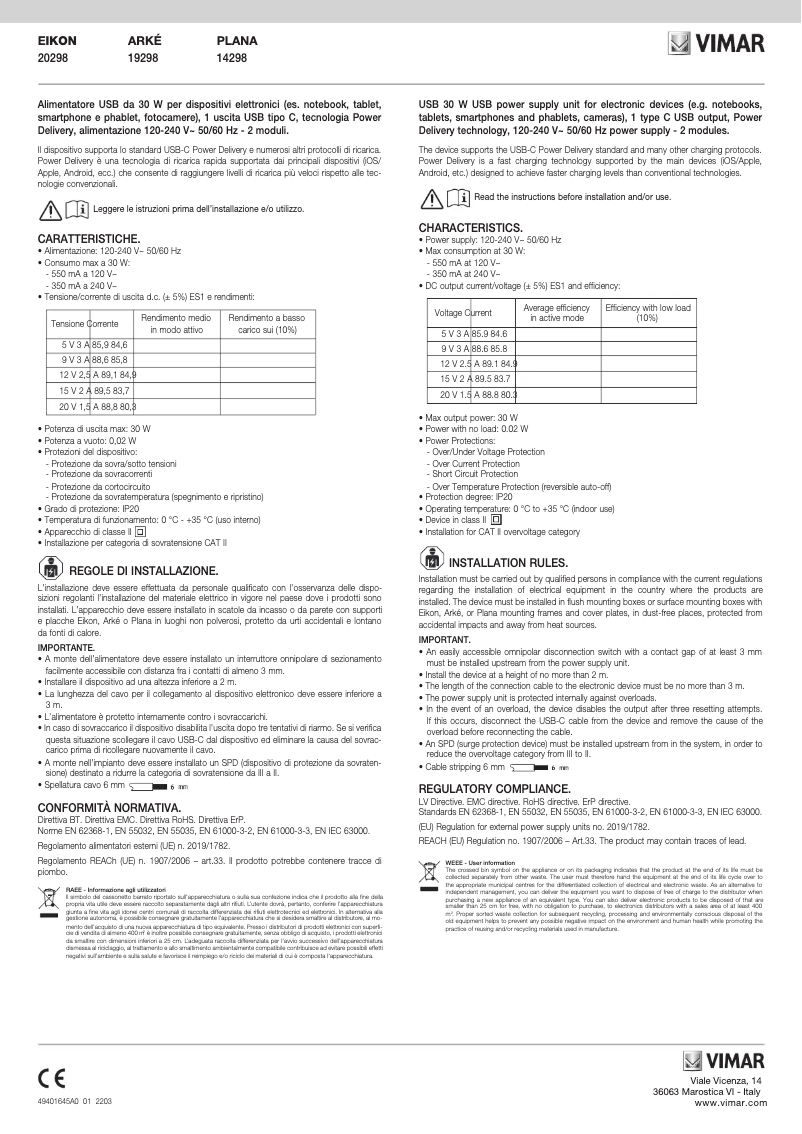 Page n°1 - Manuel utilisateur Vimar 20298