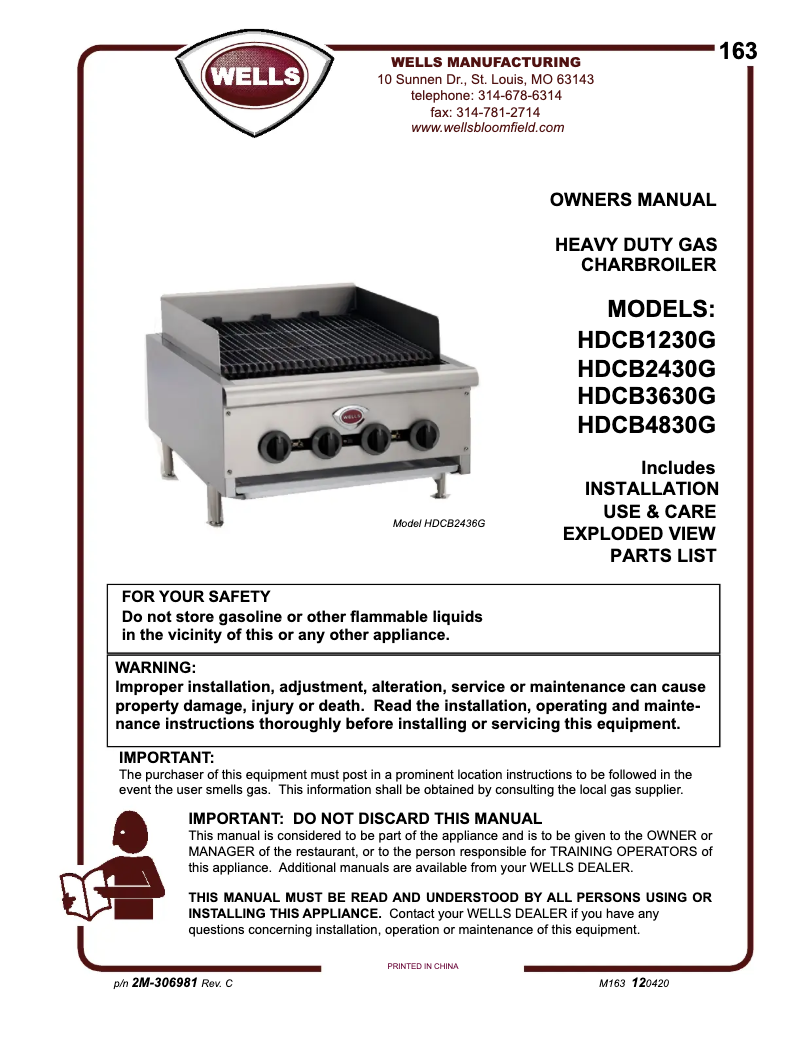 Page 1 de la notice Manuel utilisateur Wells HDCB1230G