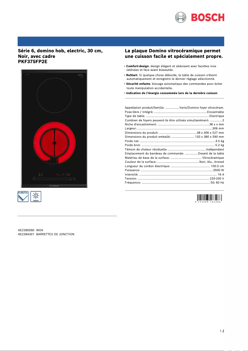 Page 1 de la notice Fiche technique Bosch PKF375FP2E