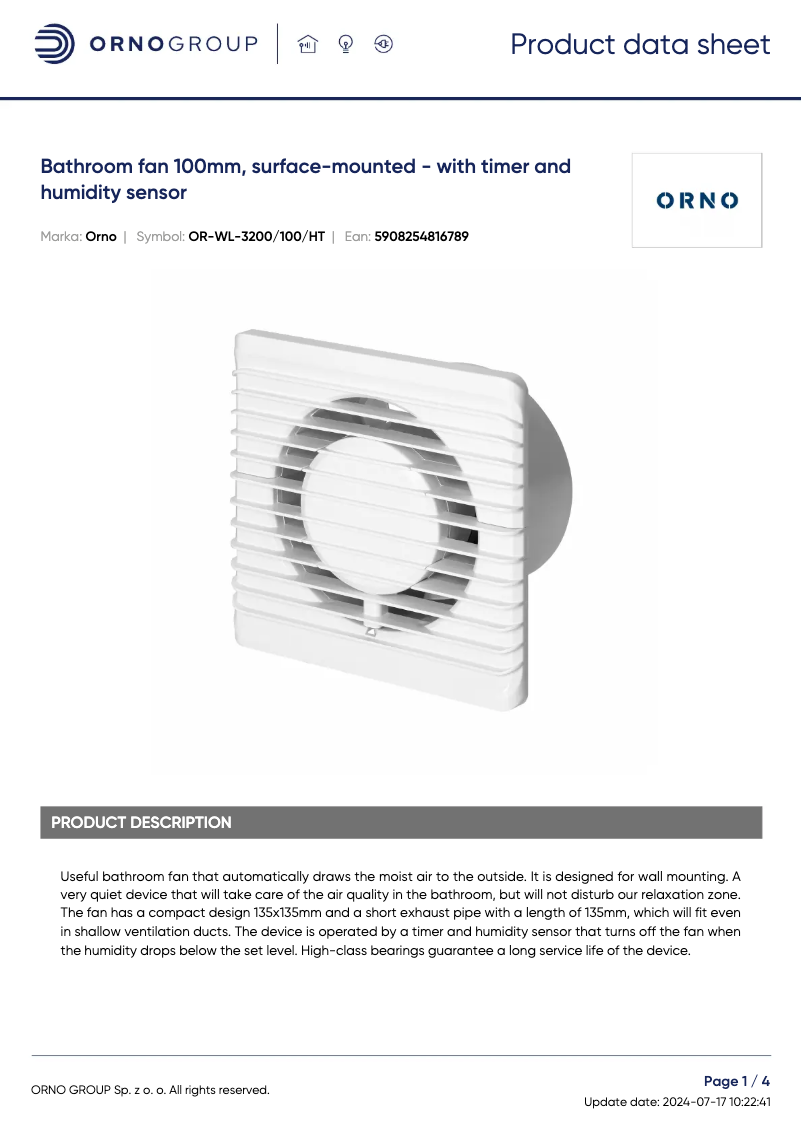Page 1 de la notice Fiche technique ORNO OR-WL-3200/100/HT