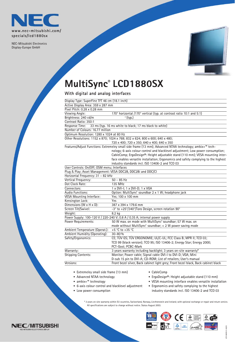 Imagen de la primera página del manual del dispositivo MultiSync LCD1880SX