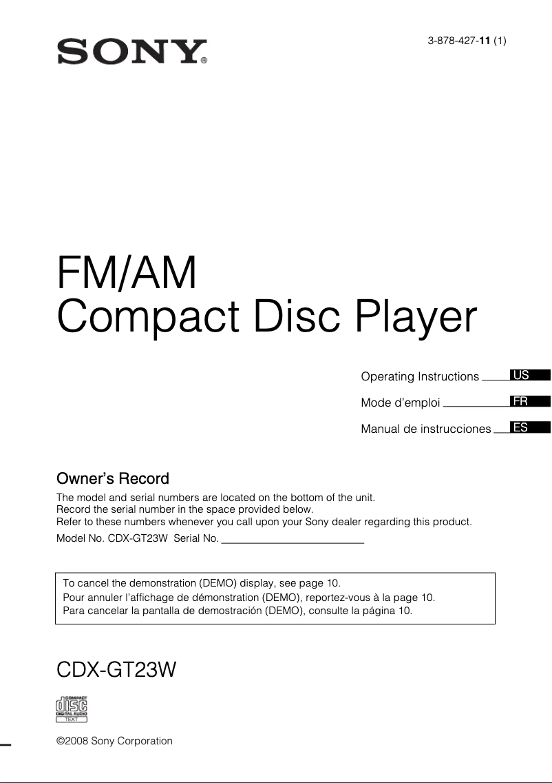 Página 1 del manual Manual de usuario Sony CDX-GT23W