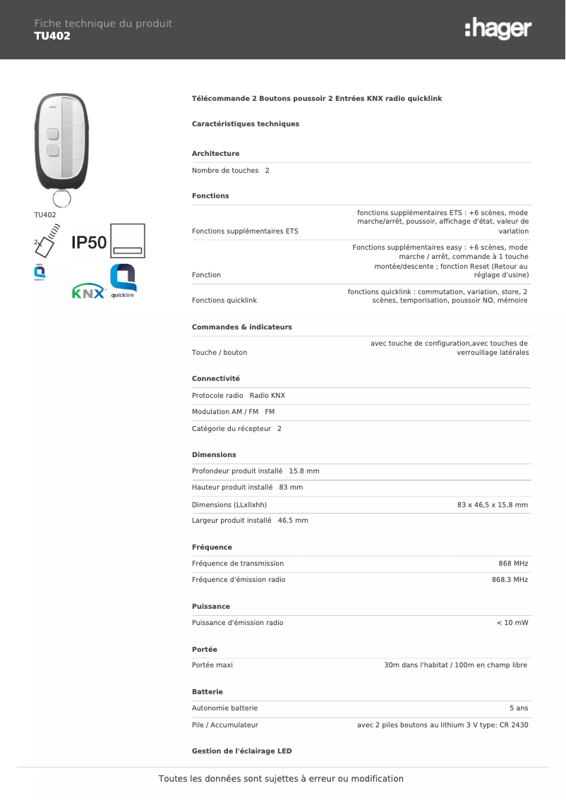 Page 1 de la notice Fiche technique Hager TU402