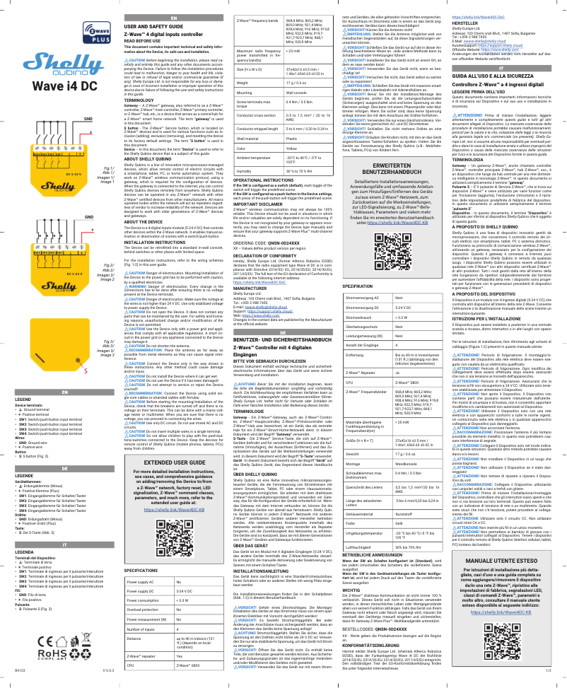 Page n°1 - Manuel utilisateur Shelly Wave i4 DC