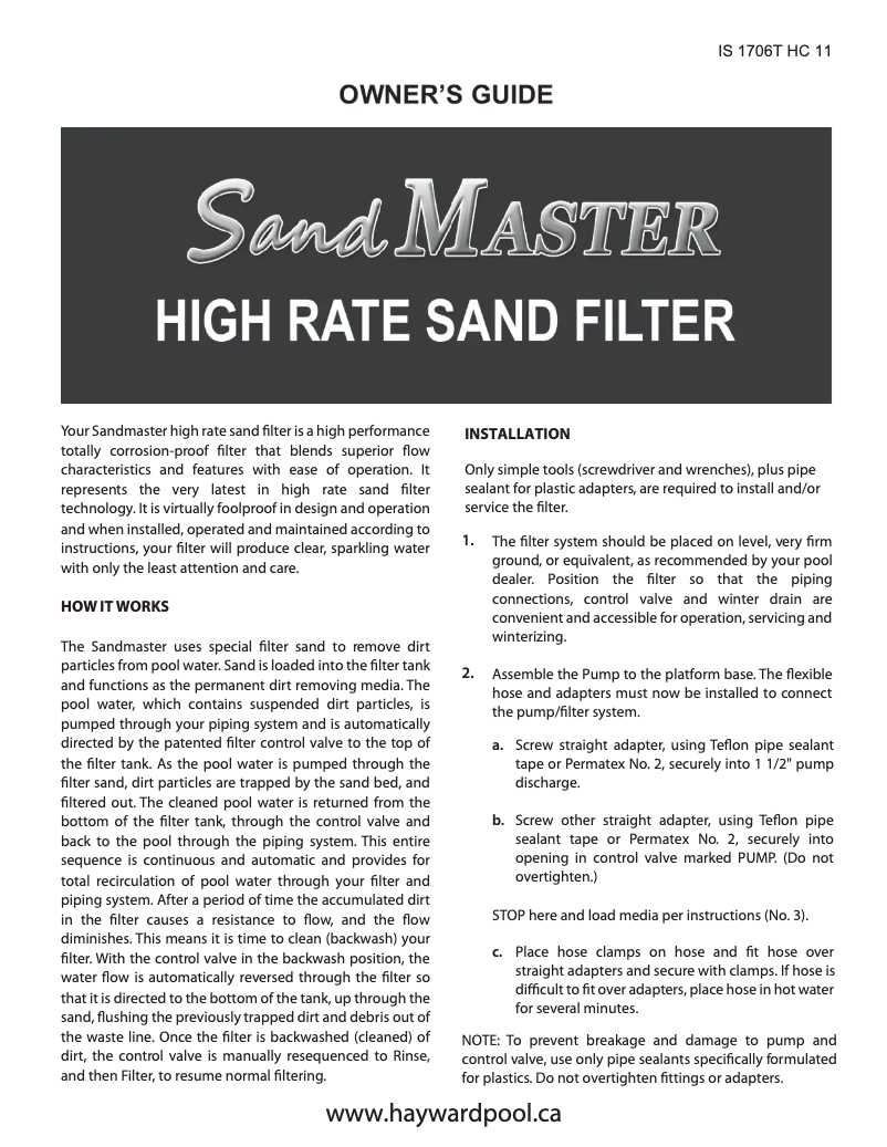 Page n°1 - Manuel utilisateur Hayward SandMaster SM2106T