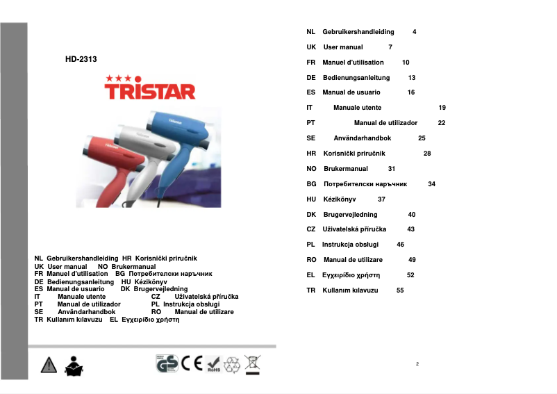 Page 1 de la notice Manuel utilisateur TriStar HD-2313