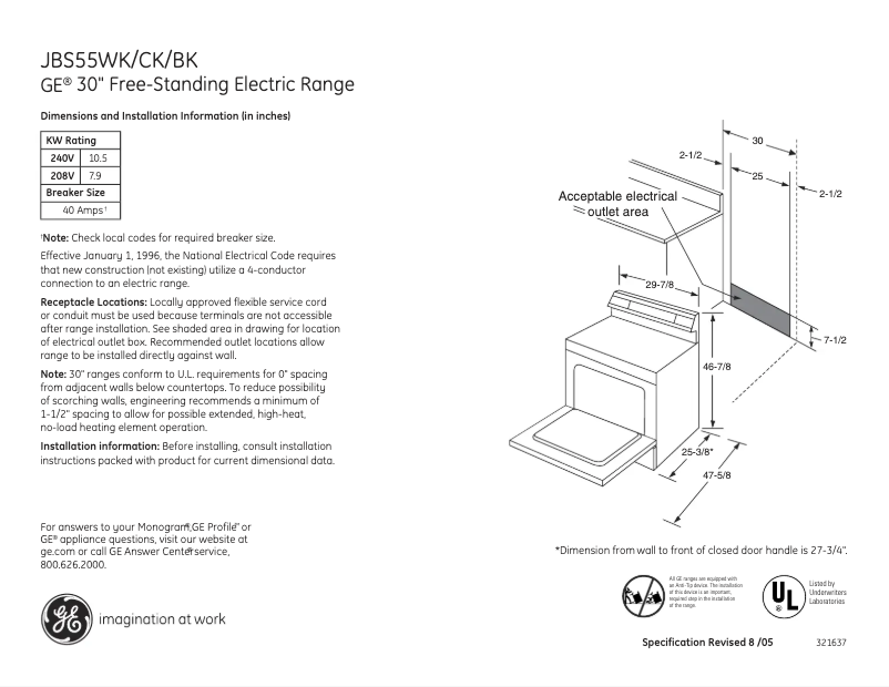 Página 1 del manual Ficha técnica GE JBS55WKWW
