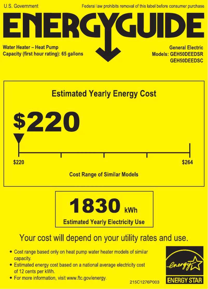 Page 1 de la notice Label énergétique GE GeoSpring H50DEEDSR
