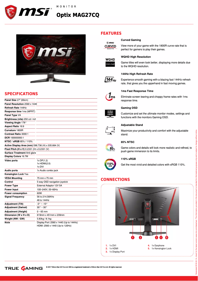 Page 1 de la notice Fiche technique MSI Optix MAG27CQ