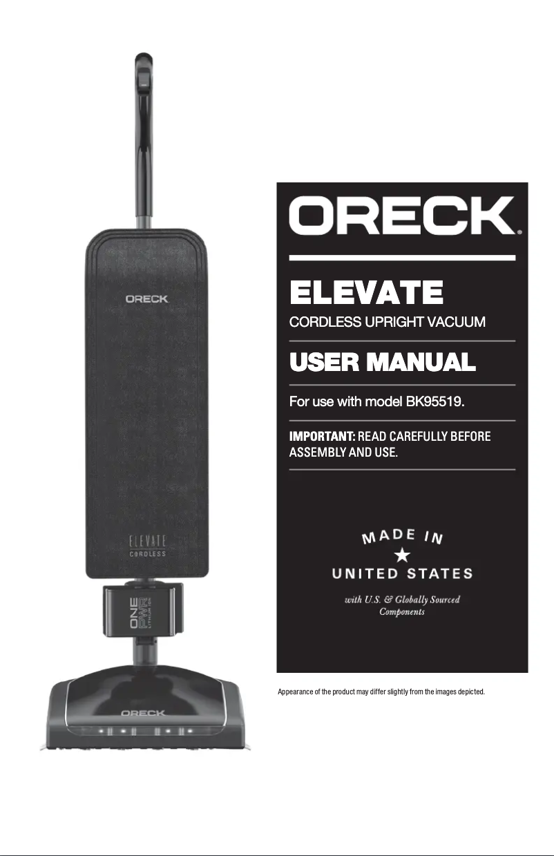 Page 1 de la notice Manuel utilisateur Oreck Elevate ONEPWR BH15260PC