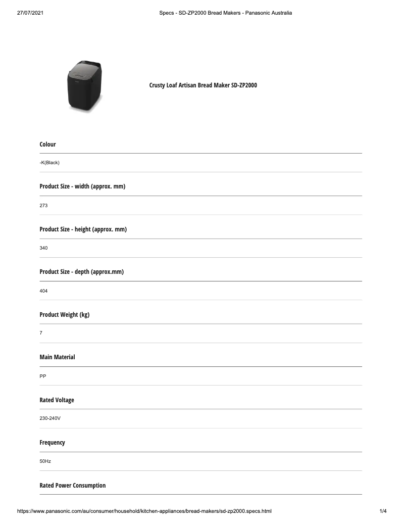 Page n°1 - Fiche technique Panasonic SD-ZP2000