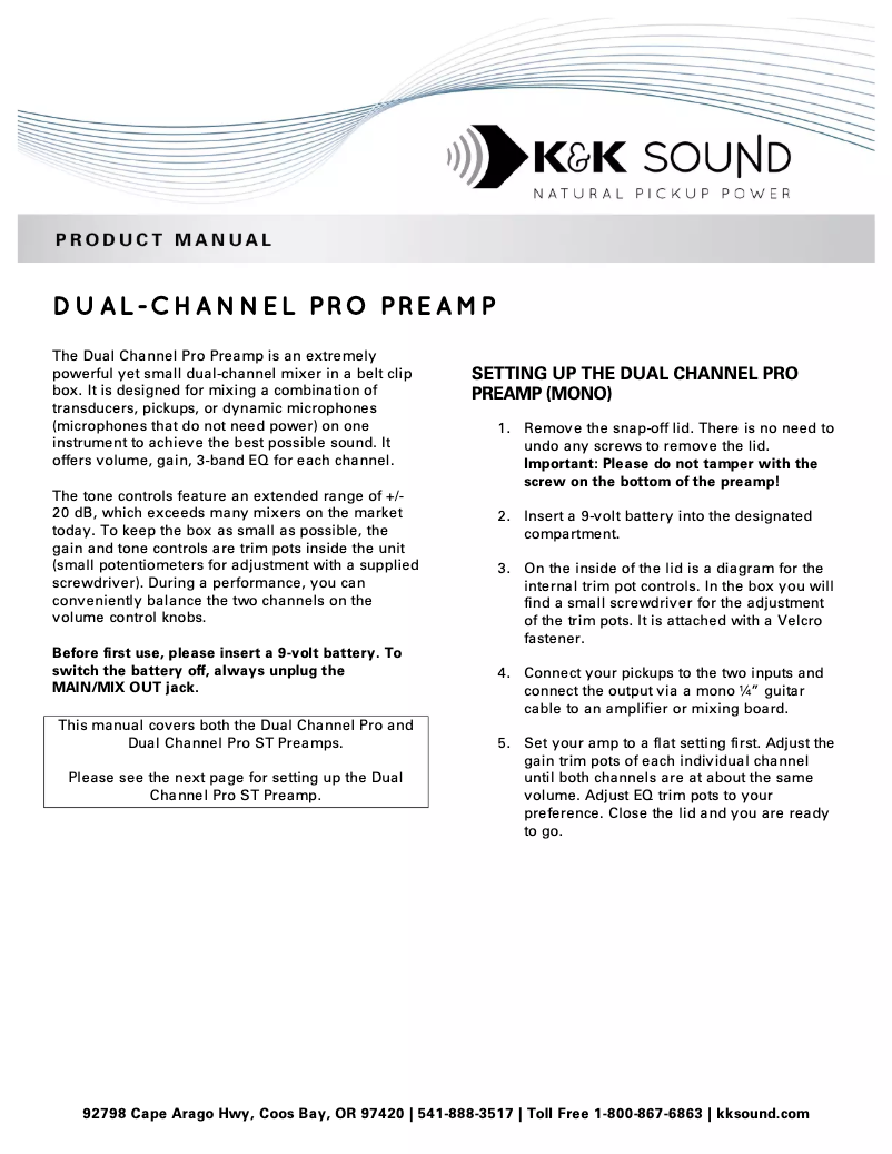Página 1 del manual Manual de usuario K&K Sound Dual-Channel Pro Preamp