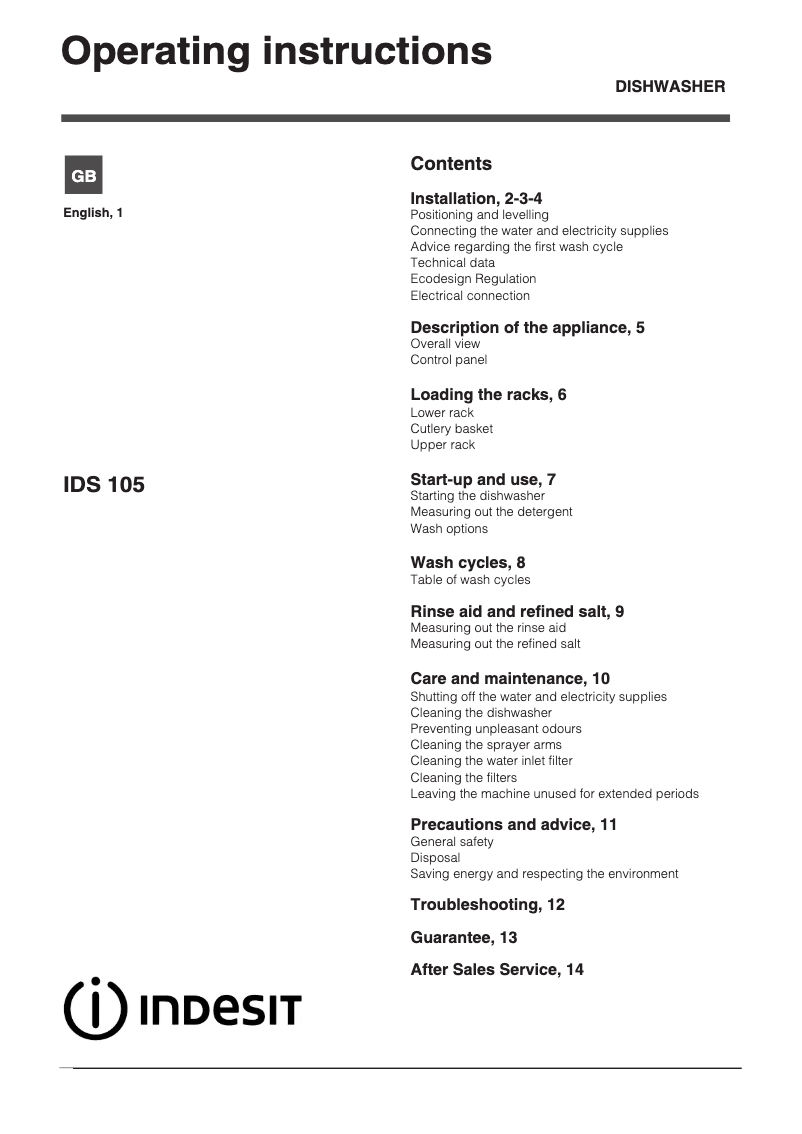 Page 1 de la notice Manuel utilisateur Indesit IDS 105 S UK