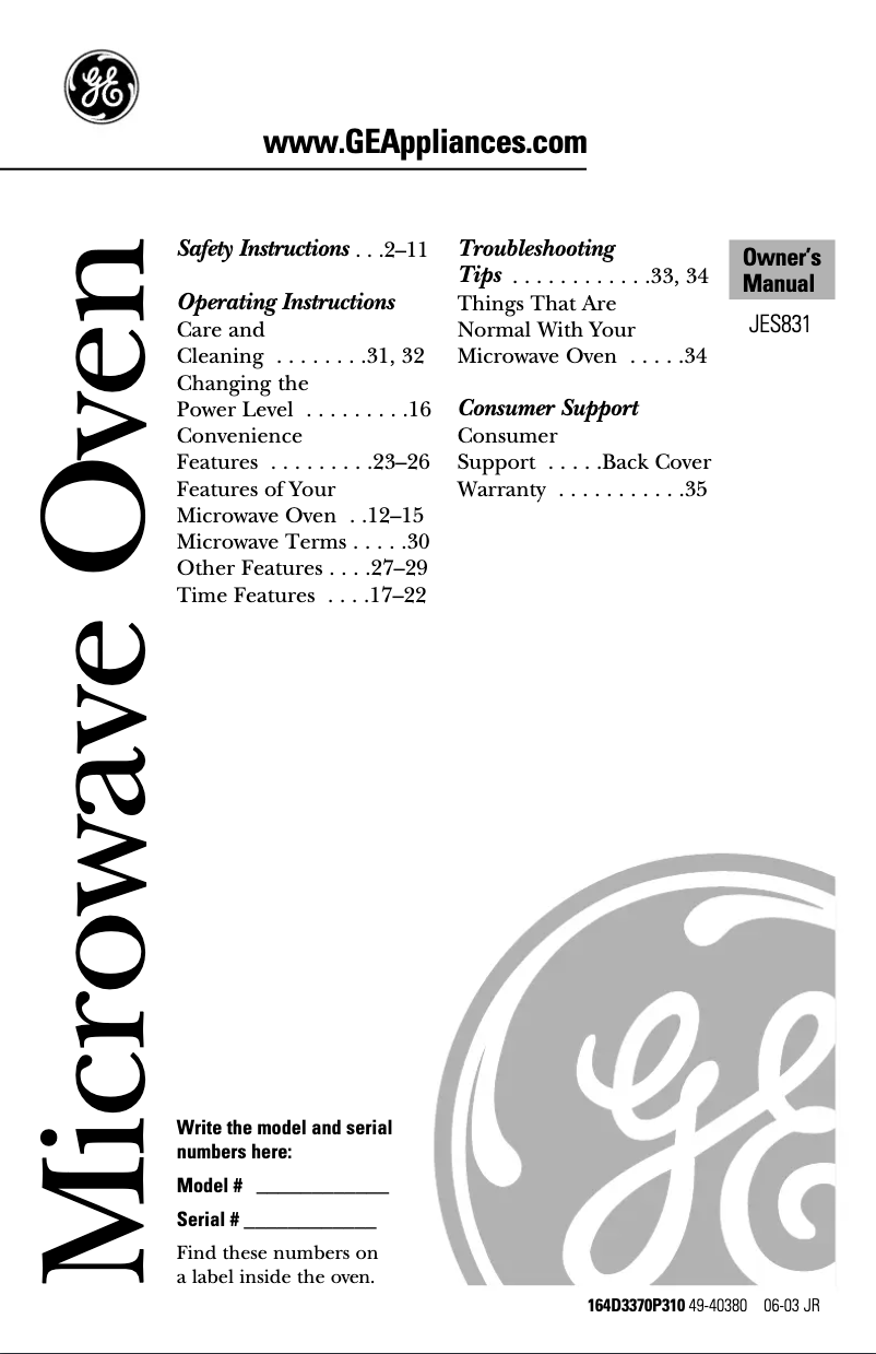 Page n°1 - Manuel utilisateur GE JES831WB