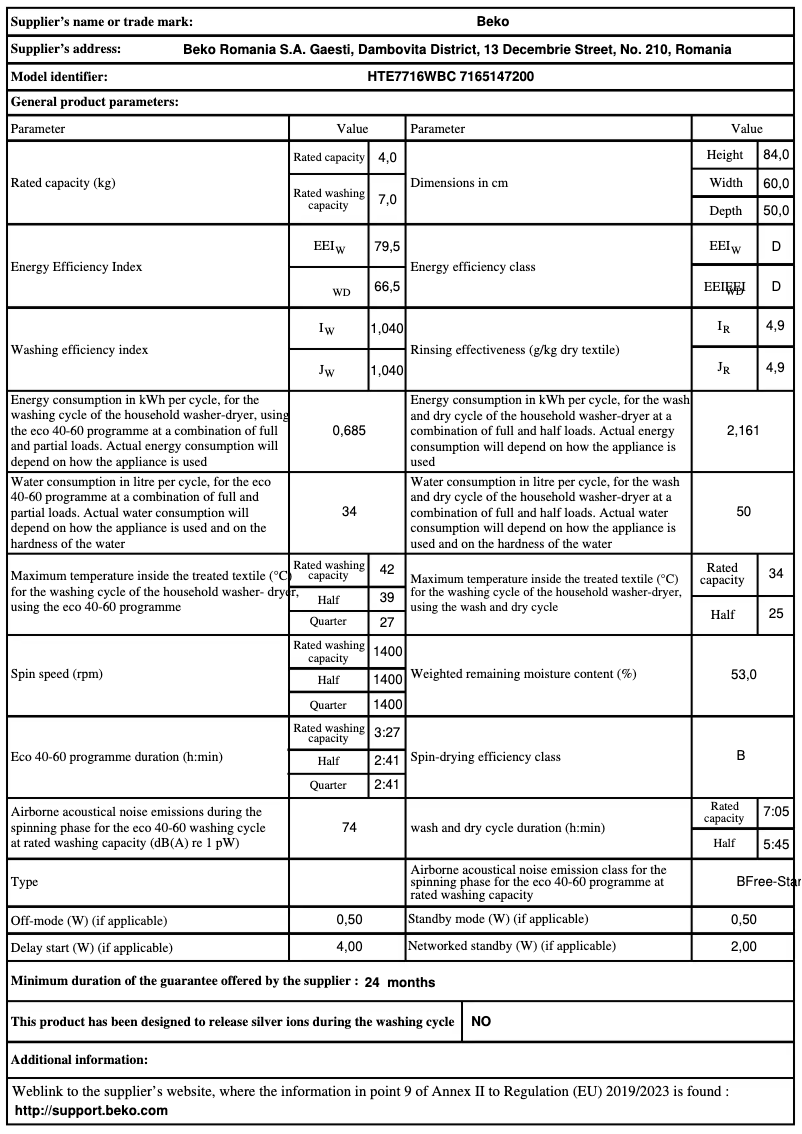 Page 1 de la notice Fiche technique Beko HTE7716WBC