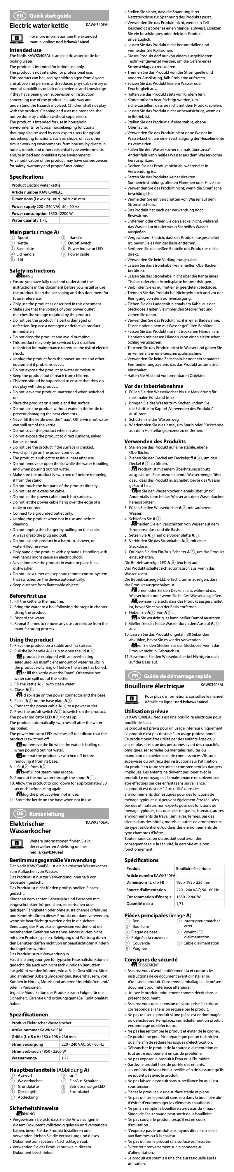 Page 1 de la notice Manuel utilisateur Nedis KAWK340EAL