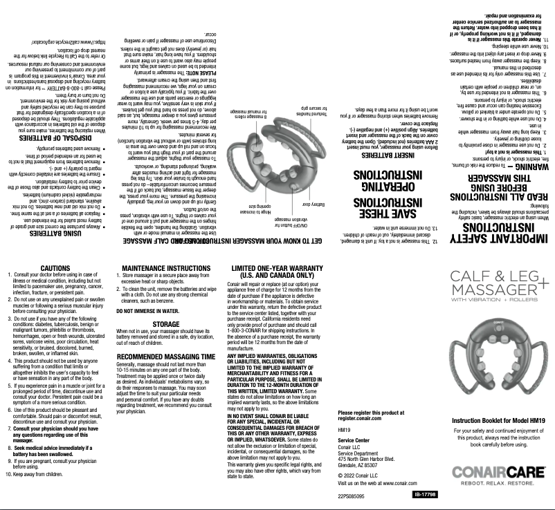 Page 1 de la notice Manuel utilisateur Conair HM19