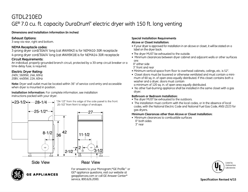 Page 1 de la notice Fiche technique GE GTDL210EDWW