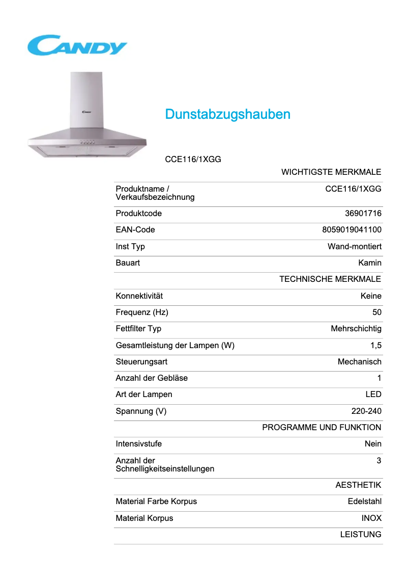 Page 1 de la notice Fiche technique Candy CCE116/1XGG