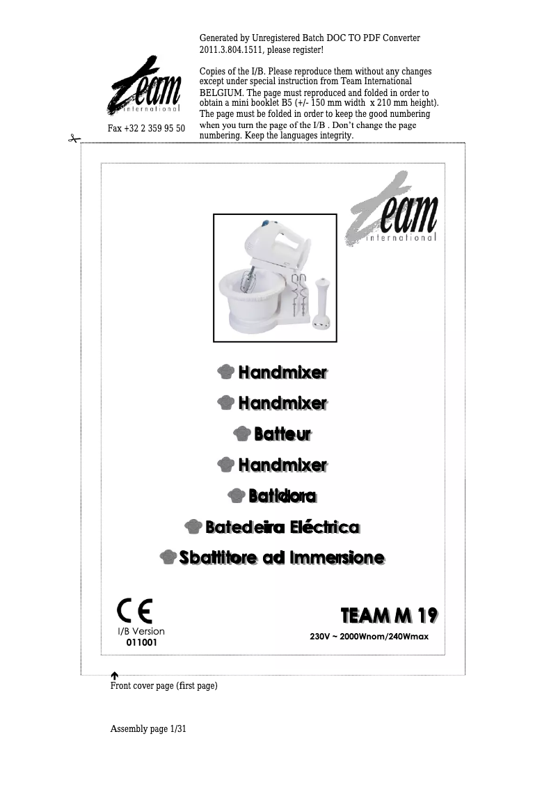 Page 1 de la notice Manuel utilisateur Team M 19