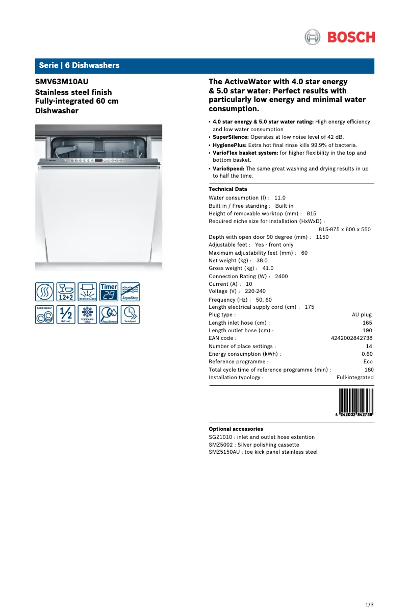 Page 1 of the manual Technical Sheet Bosch SMV63M10AU