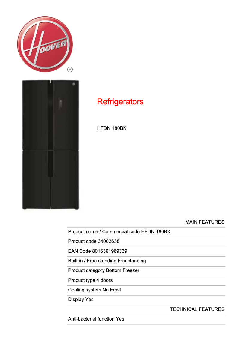 Página 1 del manual Ficha técnica Hoover HFDN 180BK