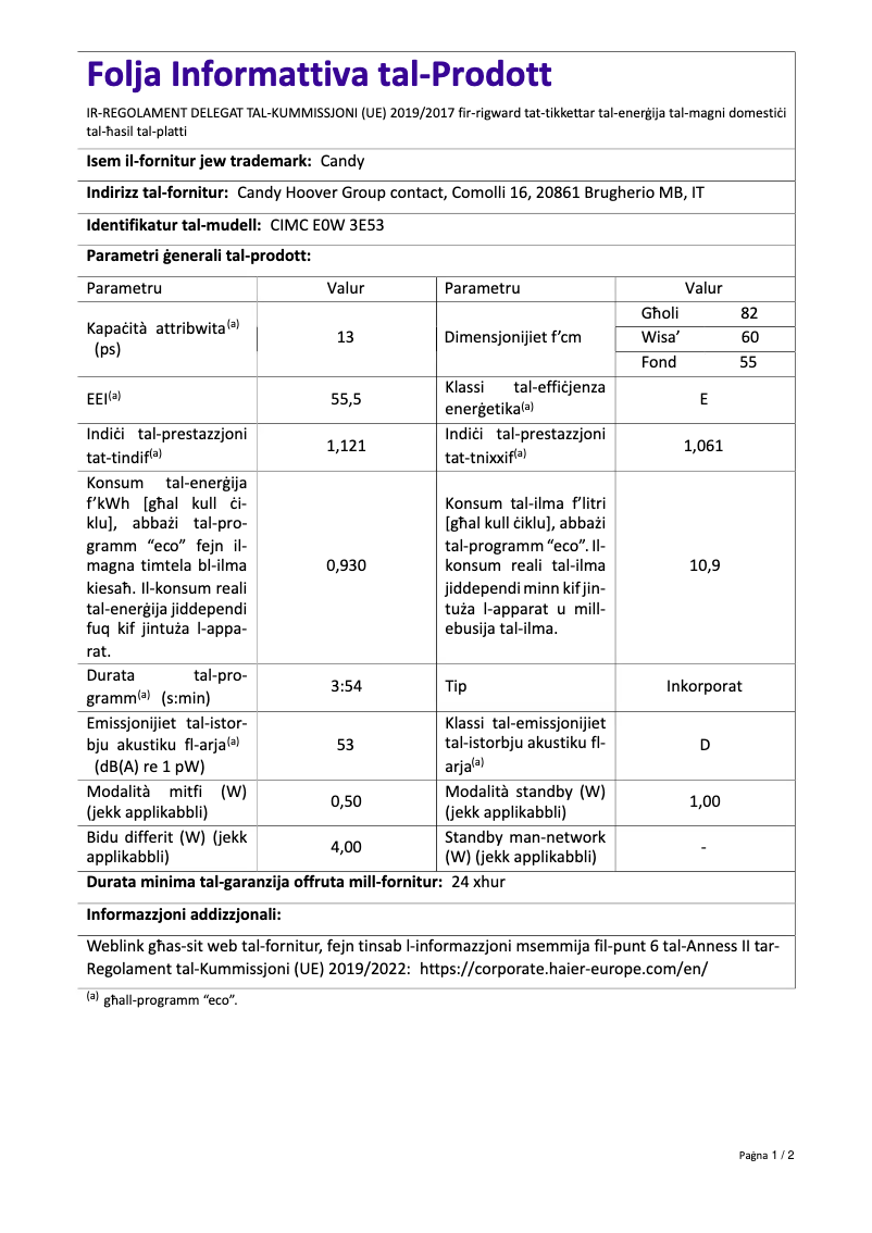 Page 1 de la notice Manuel utilisateur Candy CIMC E0W 3E53