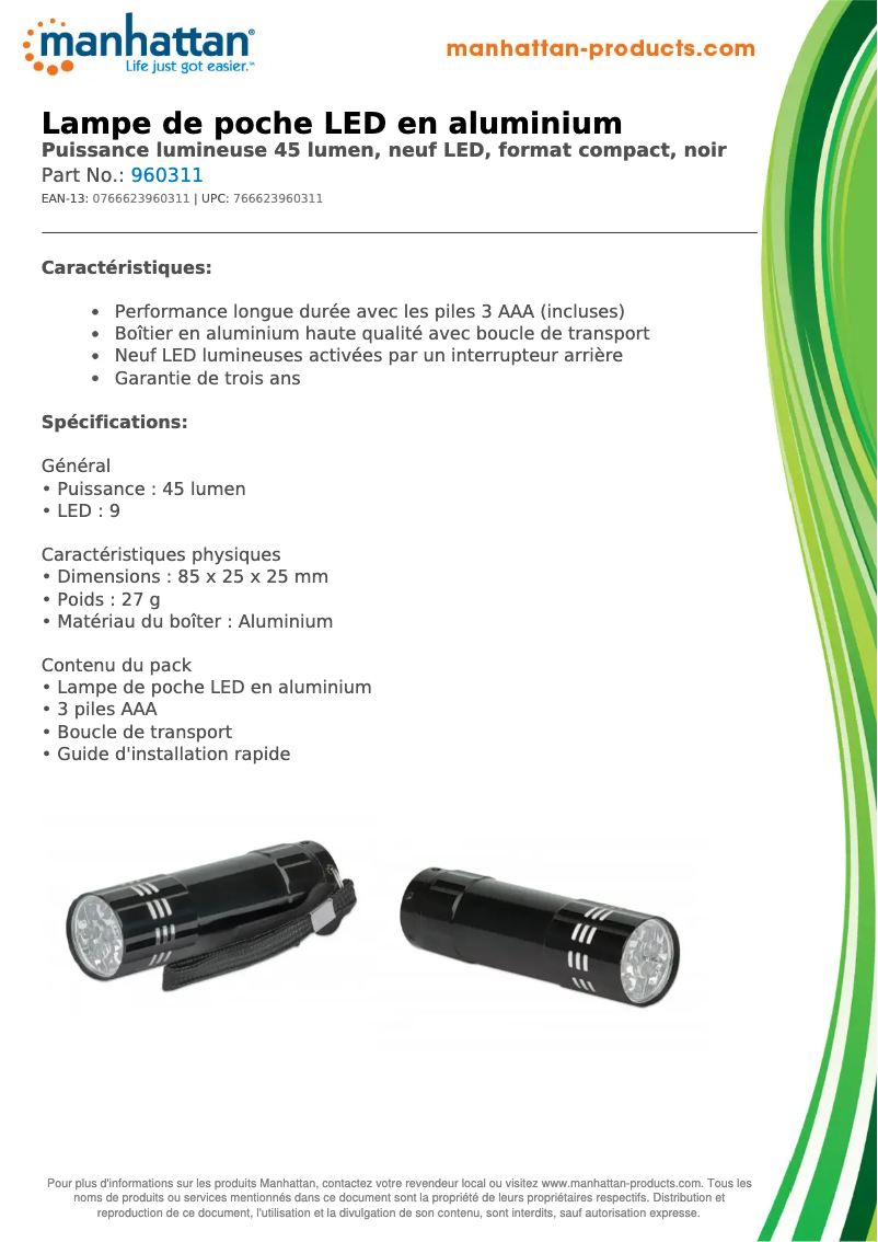 Page 1 de la notice Fiche technique Manhattan 960311