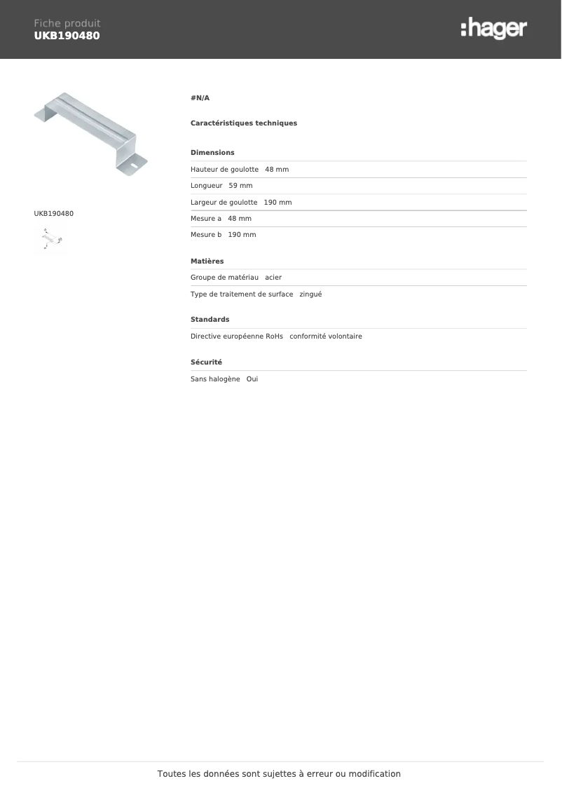 Página 1 del manual Ficha técnica Hager UKB190480