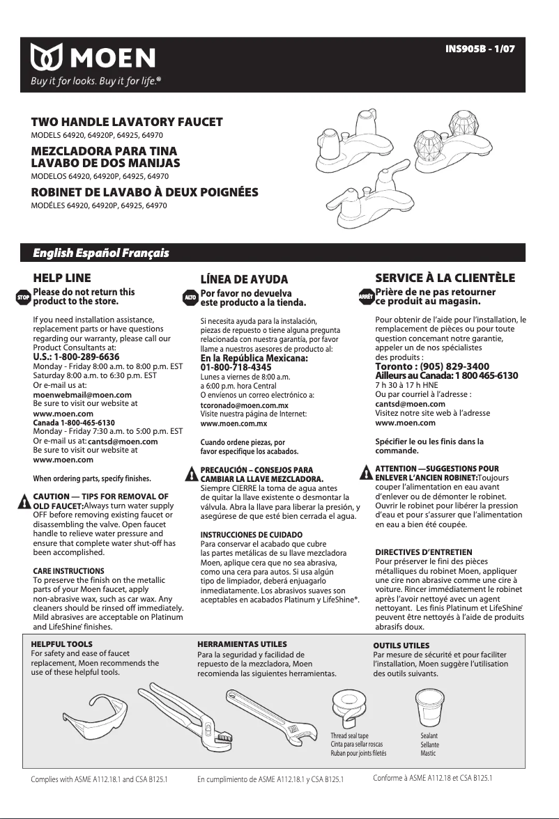 Page n°1 - Manuel utilisateur Moen Chateau 64920