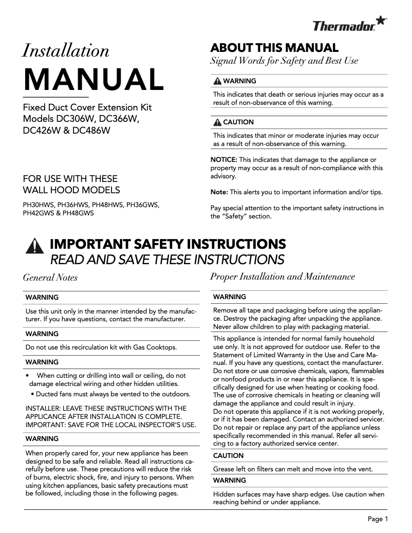Page 1 de la notice Guide d'installation Thermador DC426W