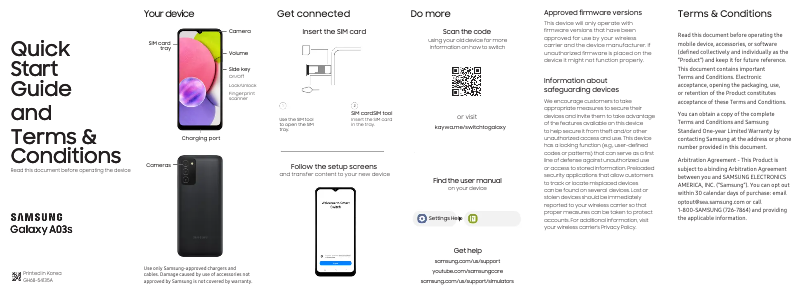 Page 1 de la notice Guide de démarrage rapide Samsung Galaxy A03s