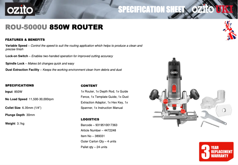 Página 1 del manual Ficha técnica Ozito ROU-5000U