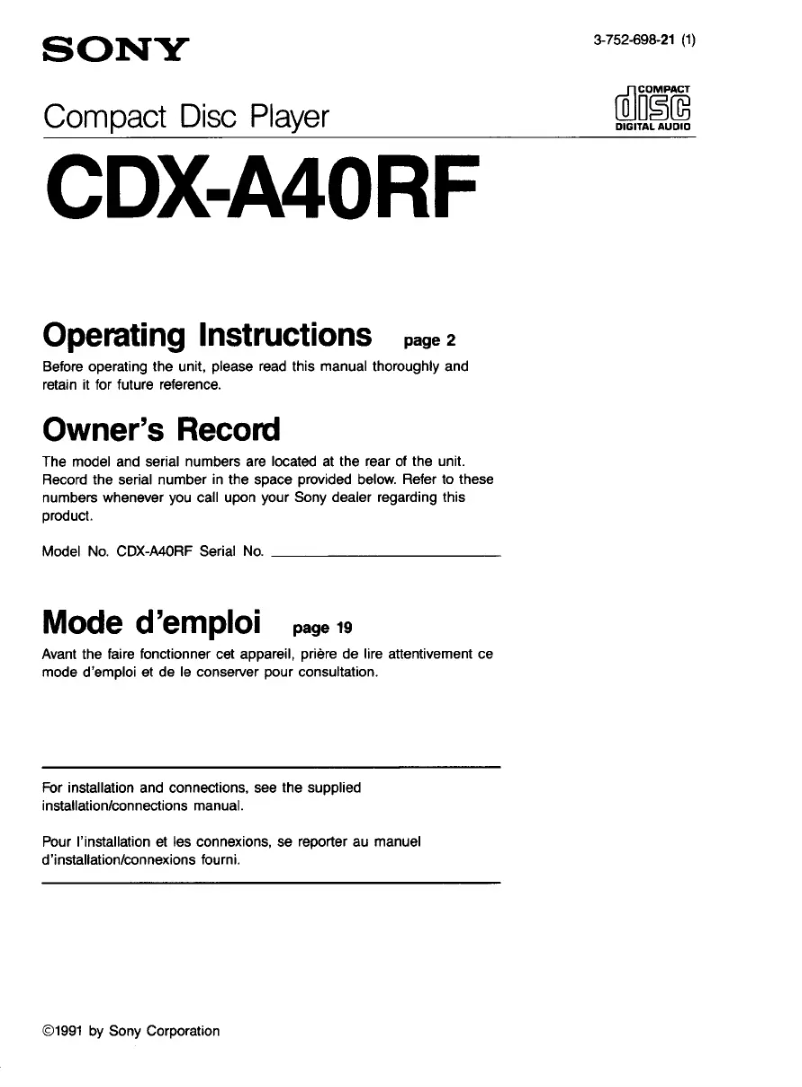 Page 1 de la notice Manuel utilisateur Sony CDX-A40RF