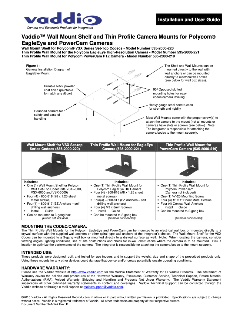 Page 1 de la notice Manuel utilisateur Vaddio Thin Profile Wall Mount Bracket