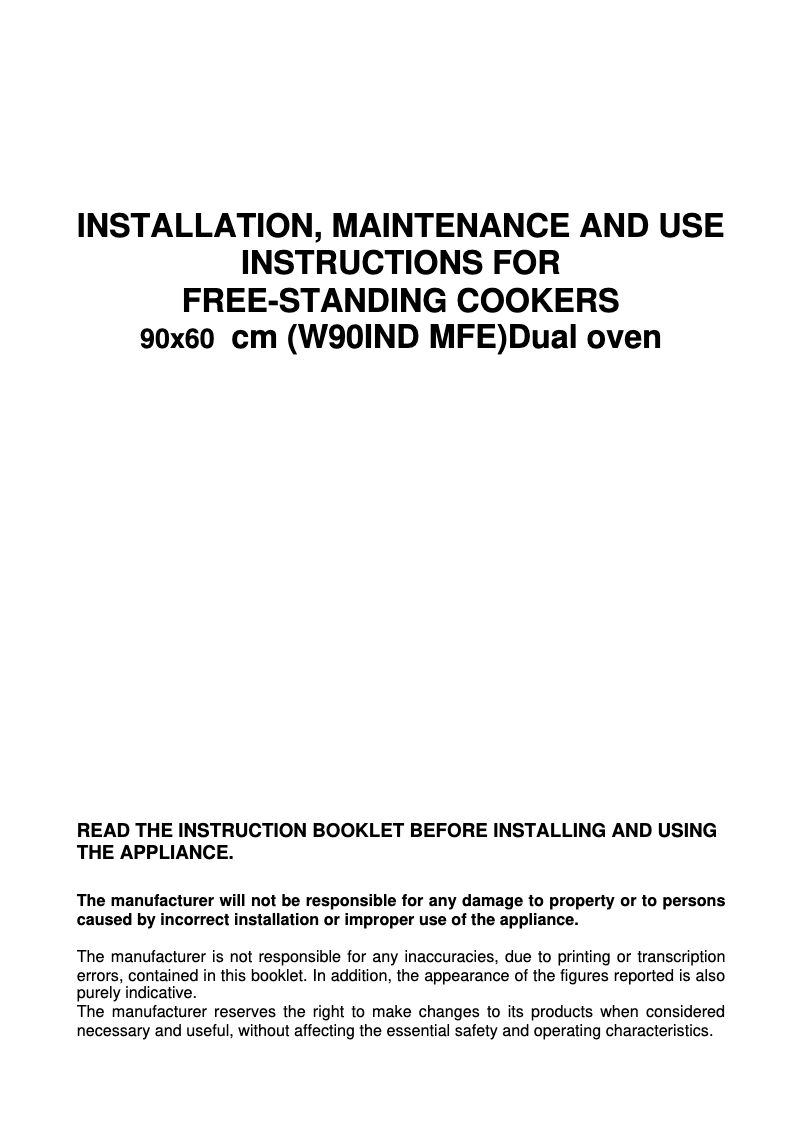 Page 1 de la notice Manuel utilisateur Bertazzoni W90 IND MFE VI