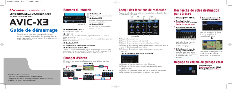 Page n°1 - Guide de démarrage rapide Pioneer AVIC-X3
