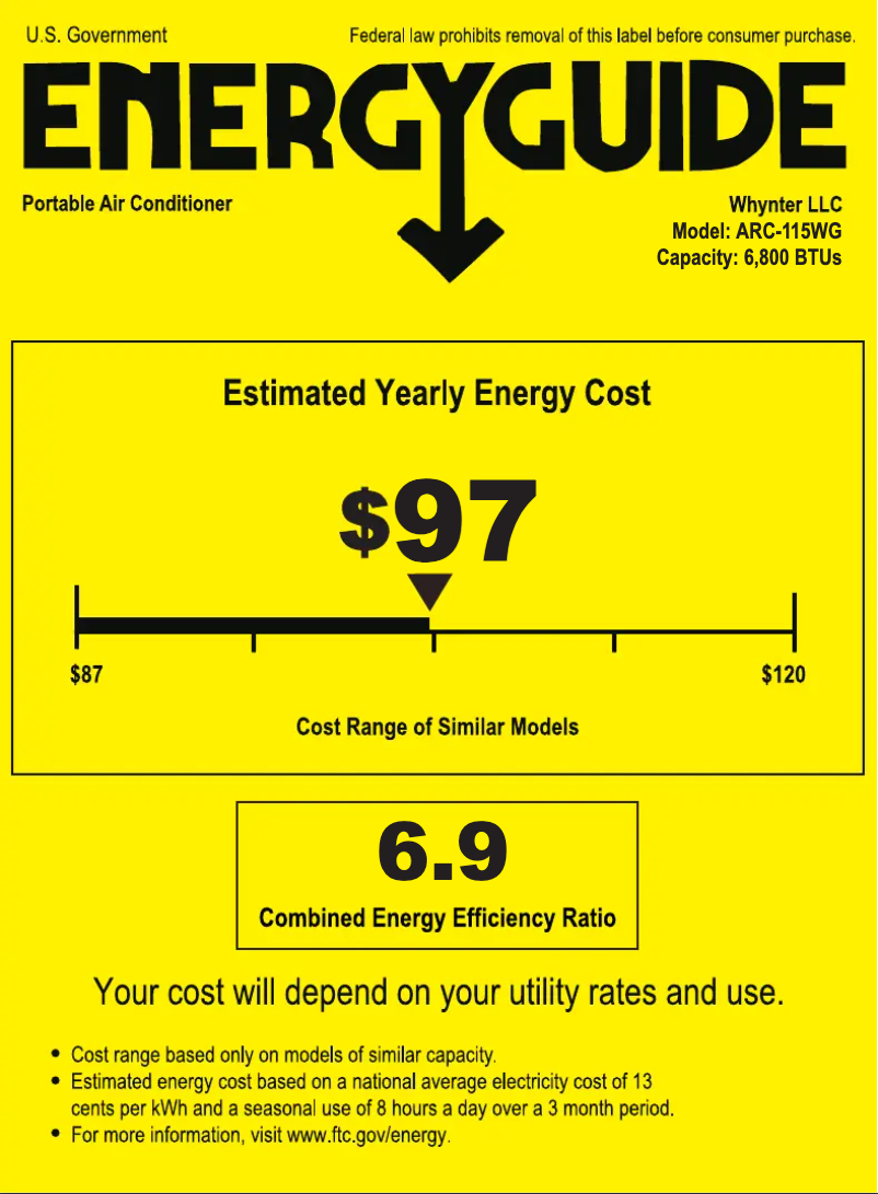 Page 1 de la notice Label énergétique Whynter ARC-115WG
