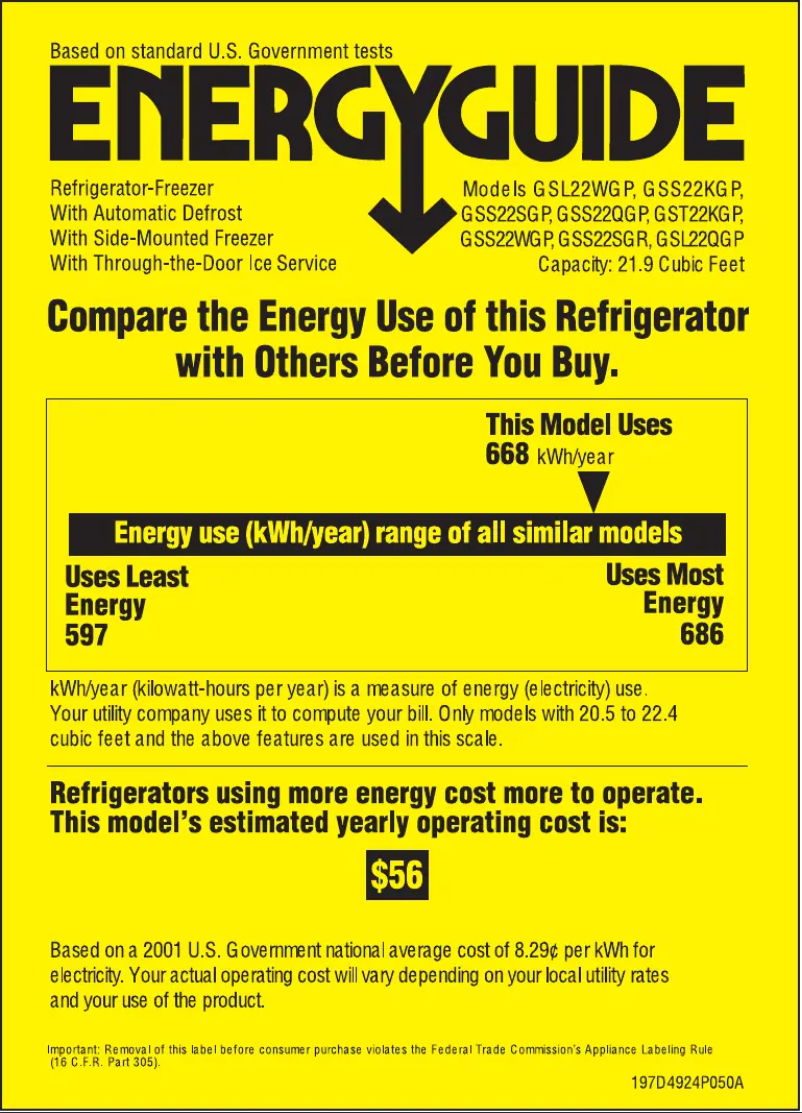 Page 1 de la notice Label énergétique GE GSS22QGPWW