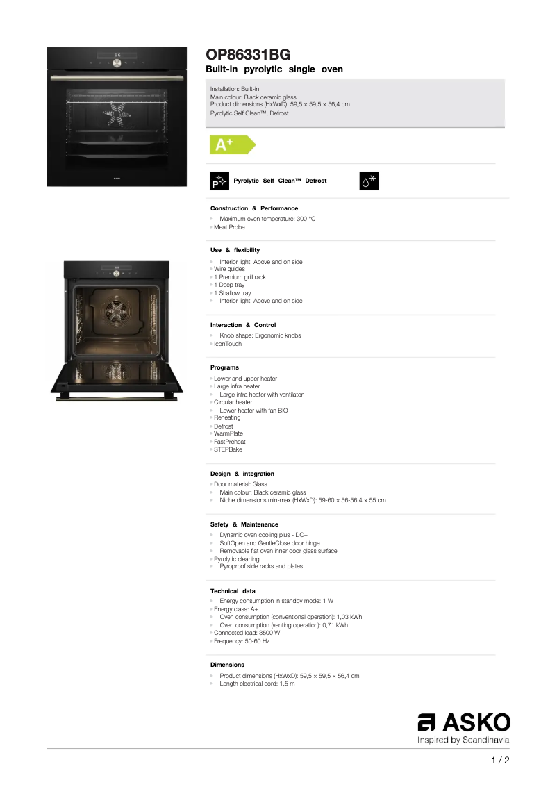 Page 1 de la notice Fiche technique Asko OP86331BG