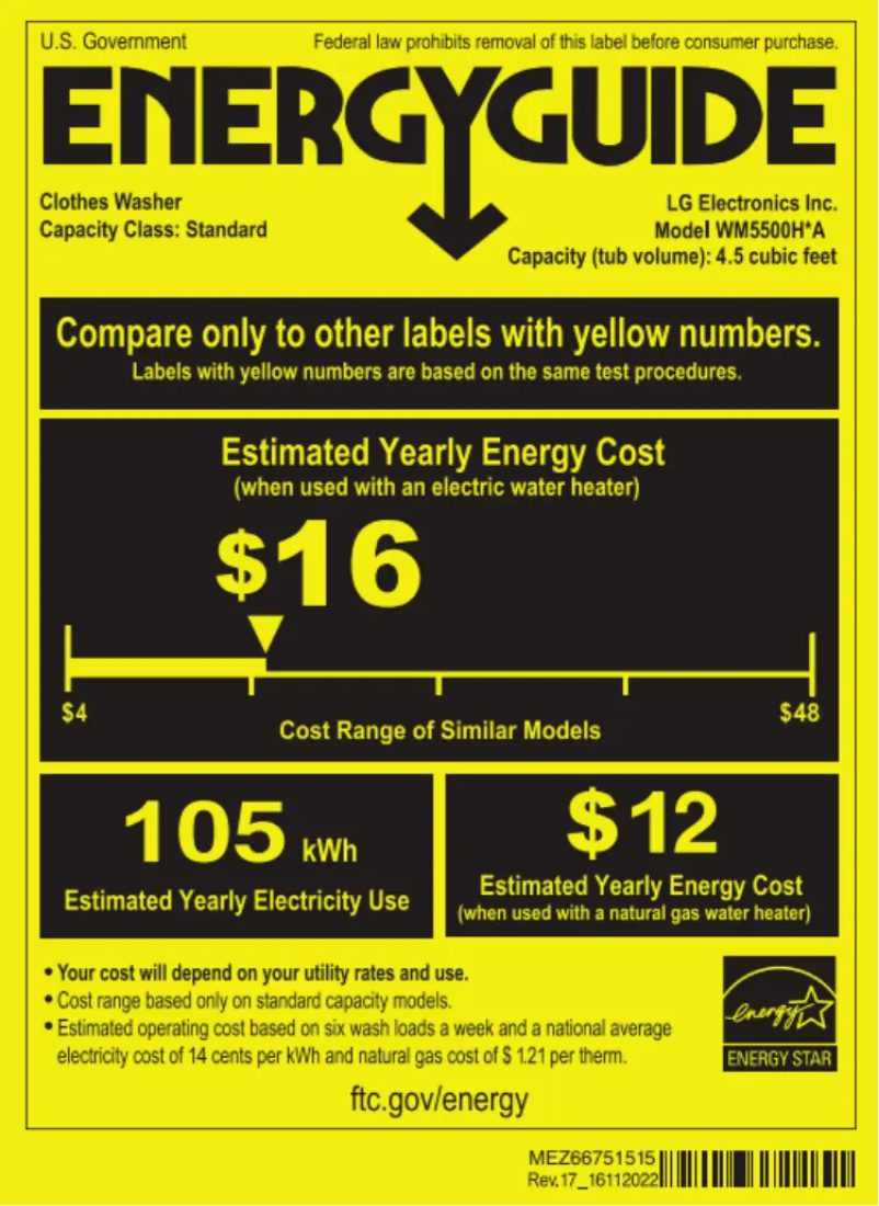 Page 1 de la notice Label énergétique LG WM5500HVA
