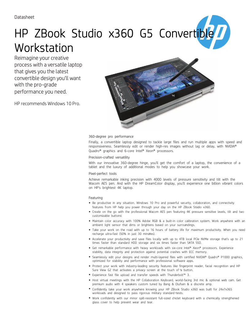 Page 1 de la notice Fiche technique HP ZBook Studio x360 G5