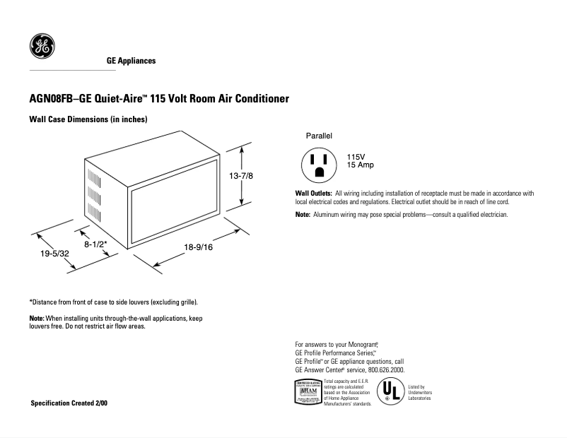 Page n°1 - Fiche technique GE Quiet-Aire AGN08FB