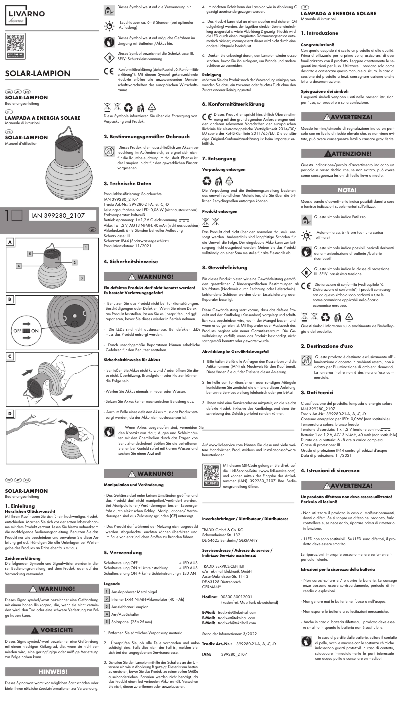 Page 1 de la notice Manuel utilisateur Livarno Lux IAN 399280