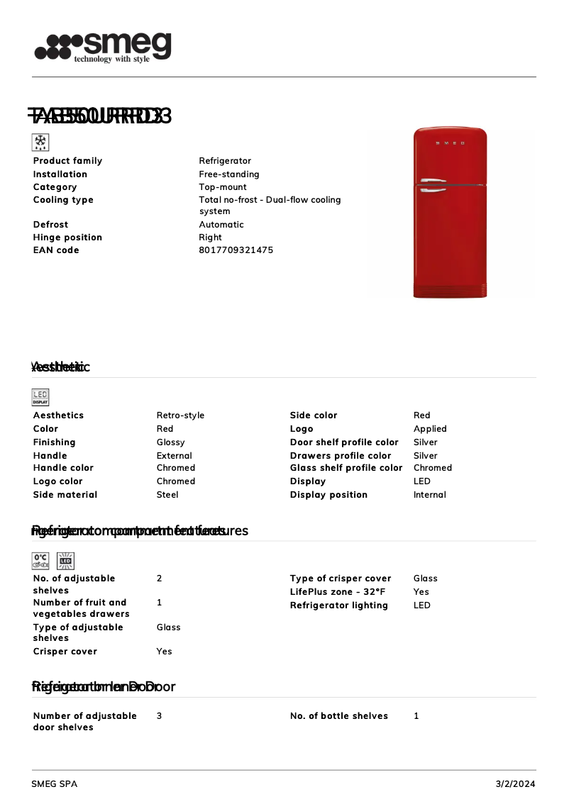 Page 1 de la notice Fiche technique Smeg FAB50URRD3